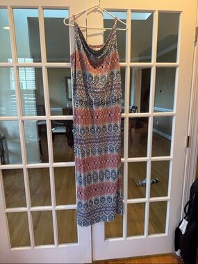 CAbi Strappy Maxi Dress in Blue & Coral